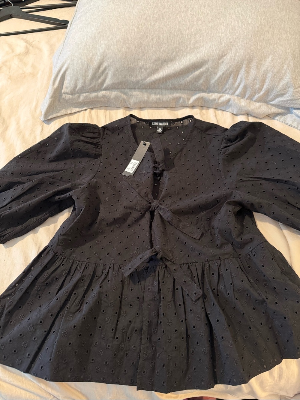 Steve Madden Black Eyelet Tie-Front Peplum Blouse